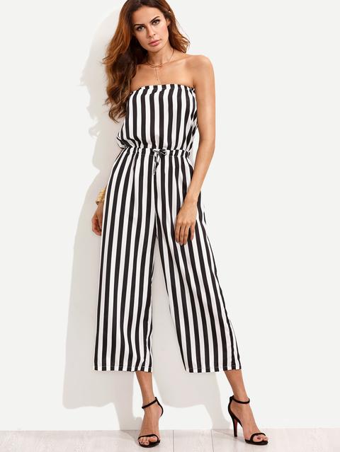 Black White Vertical Striped Drawstring Bandeau Jumpsuit