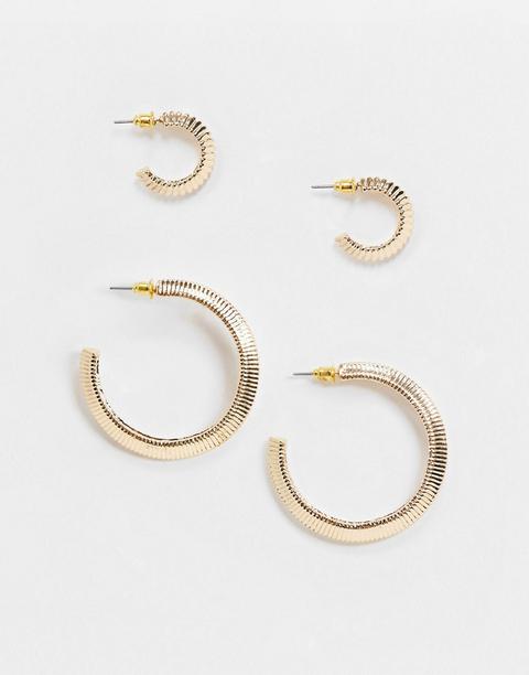 Asos Design Pack Of 2 Hoop Earrings In Bar Textures In Gold Tone