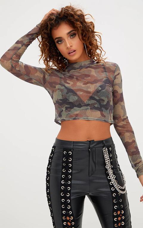 Khaki Camo Print Mesh Longsleeve Crop Top, Camo
