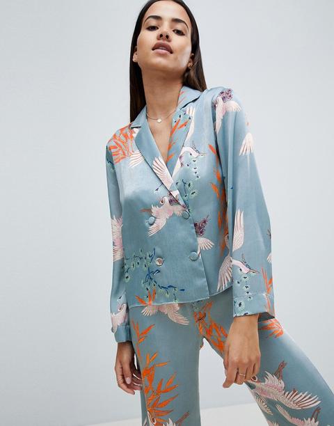 Asos Design Premium Bird Print Satin Traditional Shirt And Trouser Pyjama Set - Multi