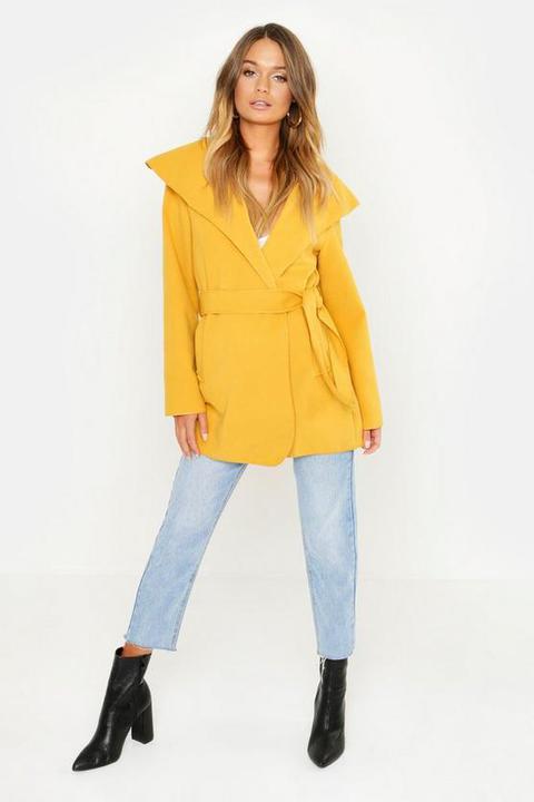 Manteau Ceinturé Effet Cascade - Jaune Moutarde - Taille Unique, Jaune Moutarde