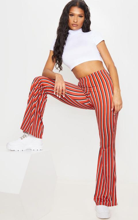 Red Jersey Vertical Stripe Flared Trousers