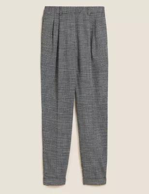 M&s Womens Checked Pleat Front Tapered Trousers - 8reg - Grey Mix, Grey Mix