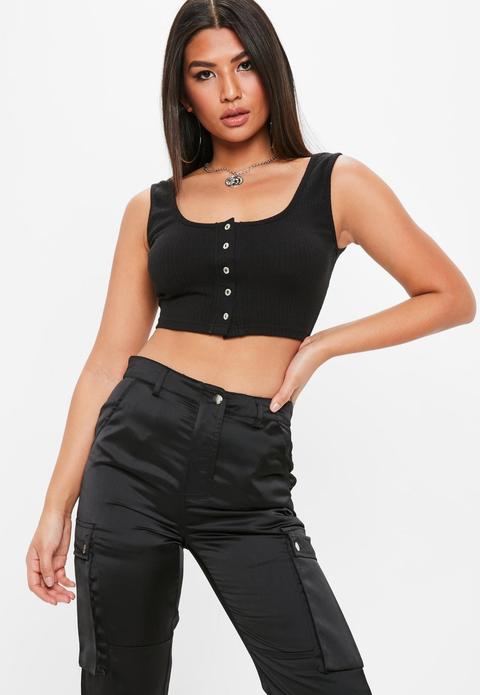 Black Button Front Ribbed Bralet, Black