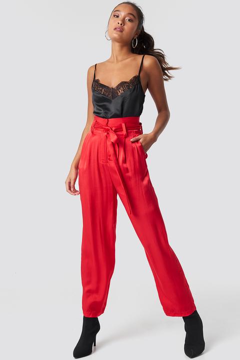 Tied Waist Satin Pants Red