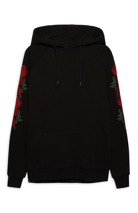 Rose Embroidered Black Hoodie