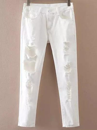 Pockets Ripped Casual White Jeans