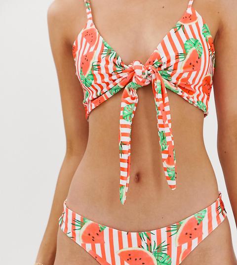 Prettylittlething Tie Front Bikini Bottom In Watermelon Print - Multi