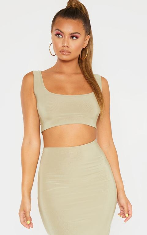 Sage Green Slinky Round Neck Sleeveless Crop Top