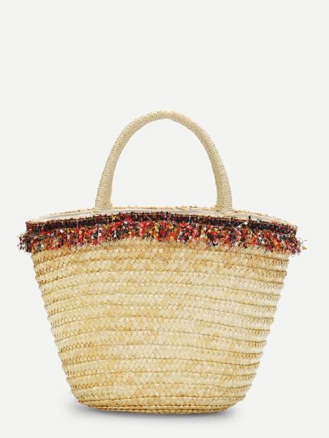 Bolsa Cubo De Paja Con Diseño De Fleco De Papel