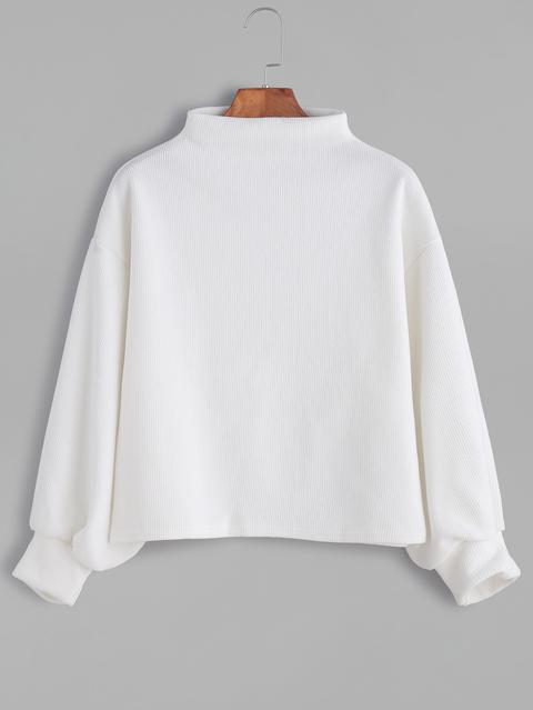 White Ribbed Lantern Sleeve Sweater