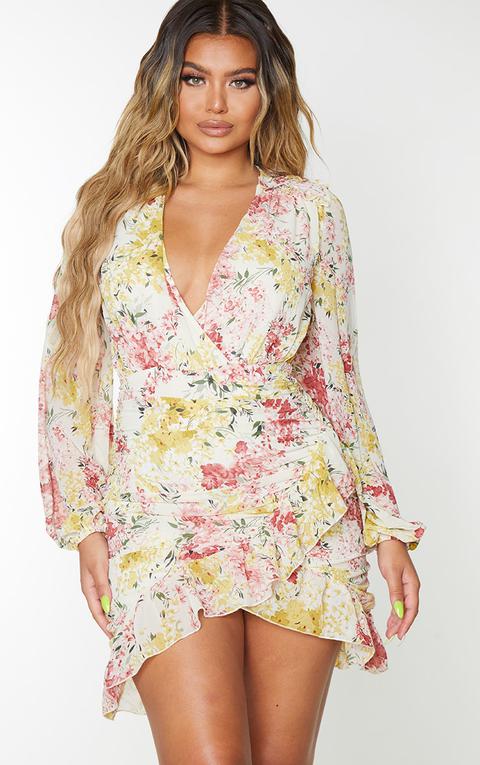 Multi Floral Ruched Frill Hem Bodycon Dress