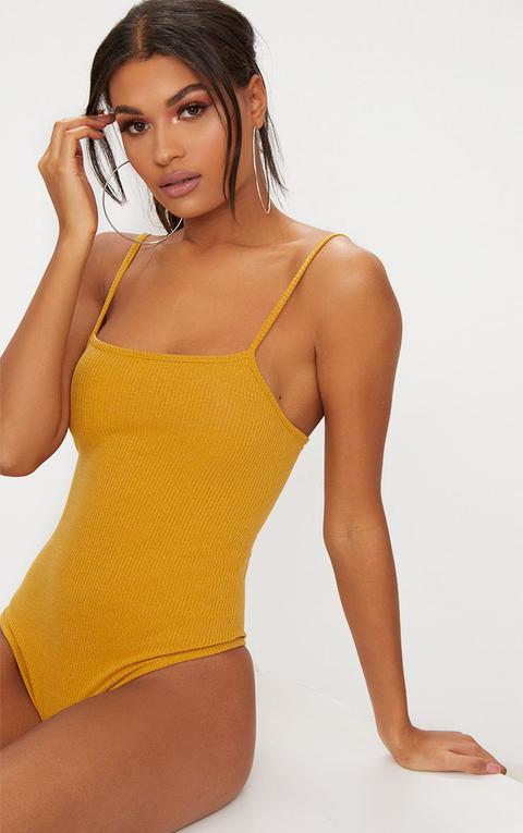 Mustard Ribbed Square Neck Thong Bodysuit, Yellow