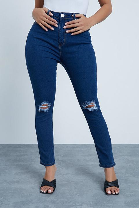 Mid Blue Stretch Ripped Knee Skinny Jeans , Blue