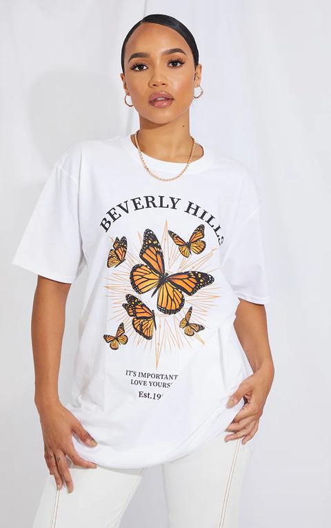 White Beverly Hills Butterfly Printed T Shirt