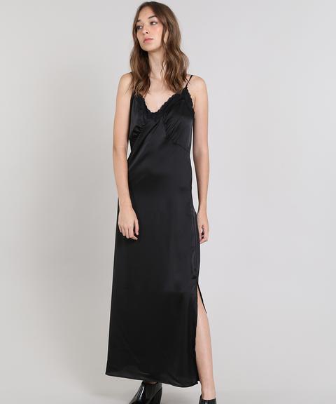 Vestido Slip Dress Mindset Longo Acetinado Preto