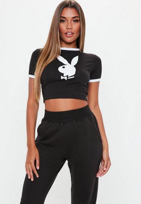 Playboy X Missguided Black Logo Cropped T Shirt, Black