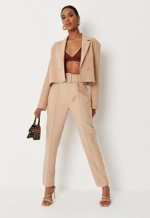 Petite Stone Tailored Belted Cigarette Trousers, Stone