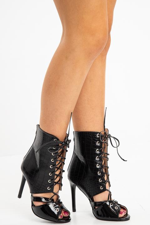 Black Croc Lace Up Stiletto Boots - Zen