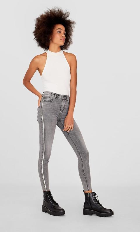 Stradivarius Jeans Taille Haute Et Effet Scintillant Femme Gris Moyen 34