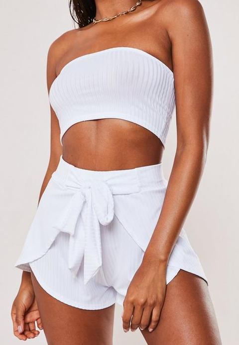 White Ribbed Bandeau Top And Shorts Co Ord Set, White