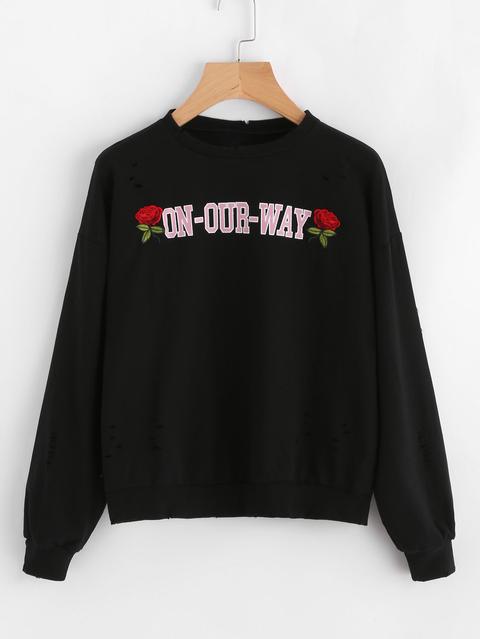 Rose Embroidered Letter Print Sweatshirt