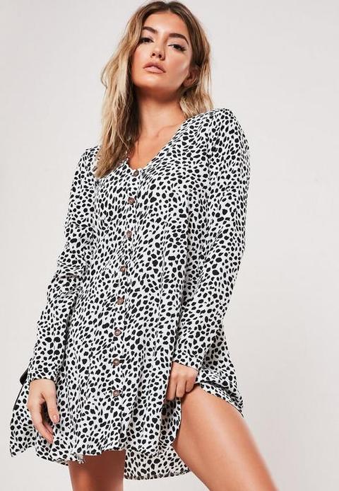 White Dalmatian Print Button Down Long Sleeve Smock Dress, White