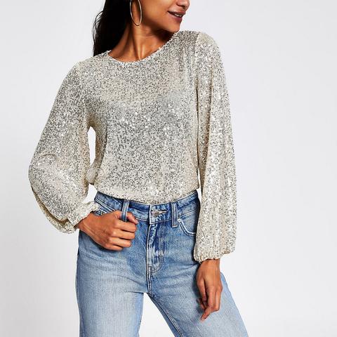Petite Silver Sequin Long Sleeve Top ...