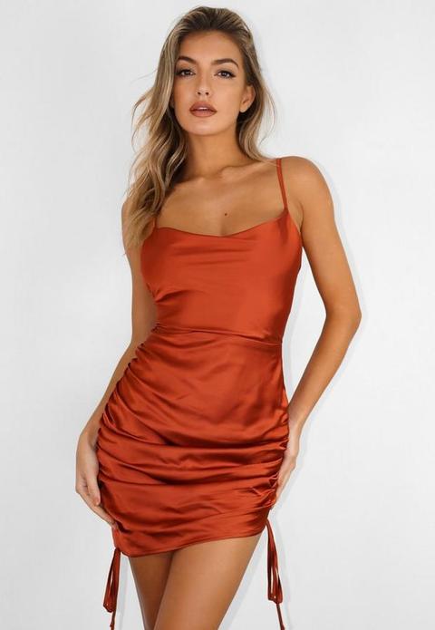 Rust Satin Cowl Neck Ruched Side Mini Dress, Rust Orange