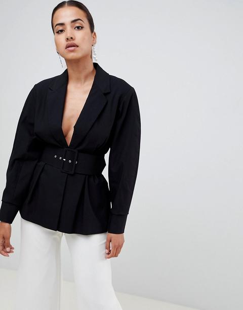 Asos Design Balloon Sleeve Belted Blazer - Black