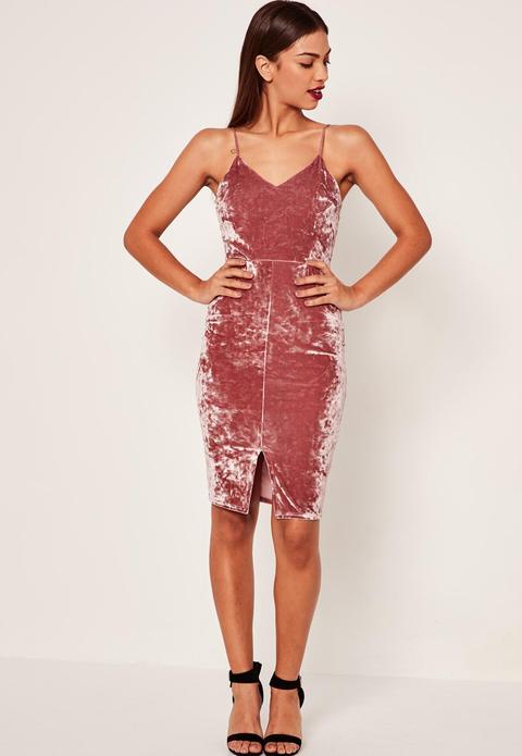 Crushed Velvet Strappy Midi Dress Pink