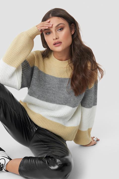 Color Striped Balloon Sleeve Knitted Sweater Grau