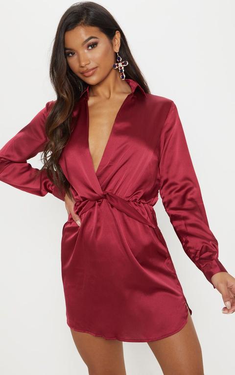 Katalea Burgundy Twist Front Silky Shirt Dress, Red