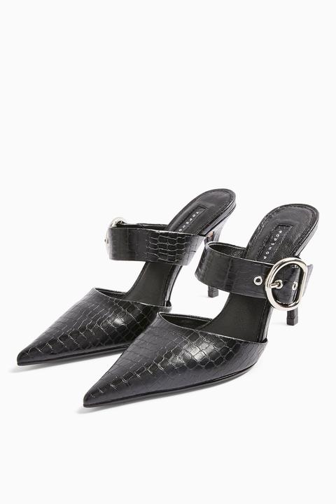 Womens Feather Black Crocodile Backless Court Shoes - Black, Black