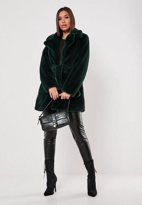 Tall Green Faux Fur Belted Coat, Green