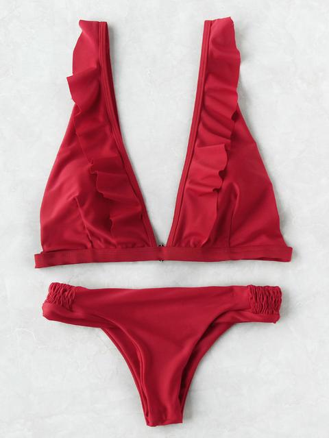 Frill Trim Plunge Neckline Bikini Set