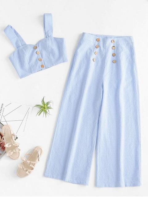 Zaful Con Botones De Corte Superior A Cuadros Y Pantalones Anchos De Pierna Light Blue