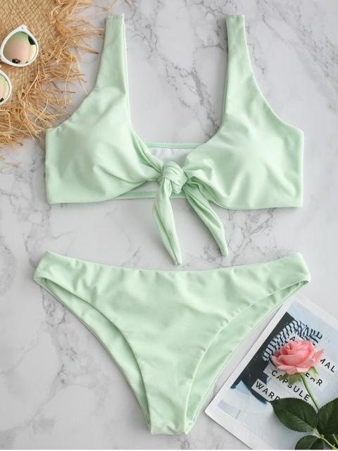 Zaful Plunge Front Knot Bikini Set Lava Red Light Cyan