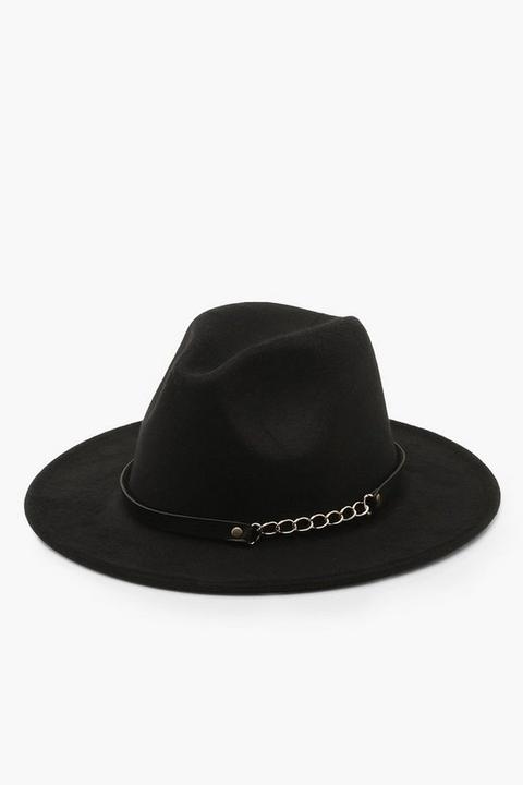 Womens Chain Detail Fedora Hat - Black - One Size, Black