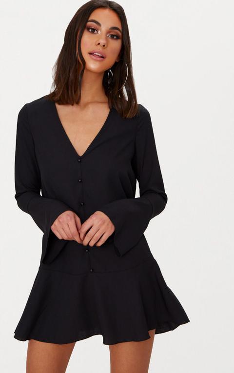 Black Button Frill Hem Shift Dress, Black