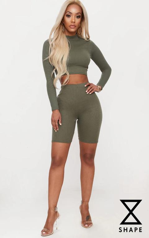 Shape Khaki Ribbed High Neck Crop Top, Green