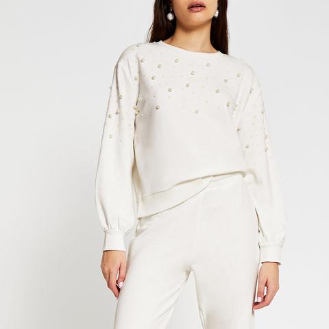 Cream Long Sleeve Pearl Detail Sweatshirt