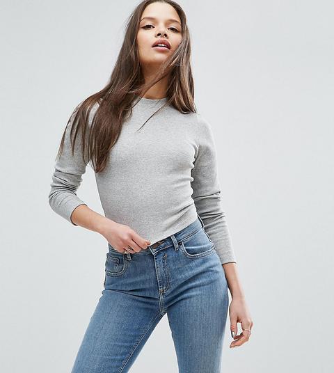 Asos Petite - Top Corto A Coste A Manica Lunga - Grigio