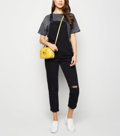 Black Ripped Knee Denim Dungarees New 