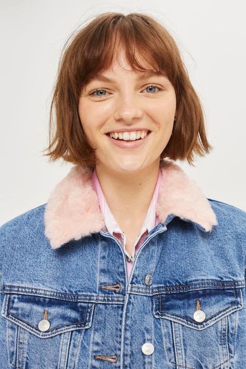 Womens Moto Faux Fur Denim Jacket - Mid Stone, Mid Stone