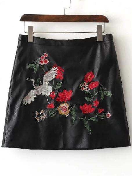 Black Floral Embroidery Pu Skirt