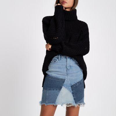 Blue Patchwork High Waisted Mini Denim Skirt