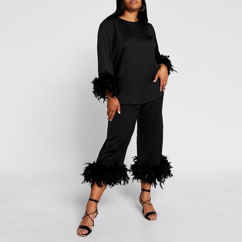 Plus Black Feather Hem Trousers