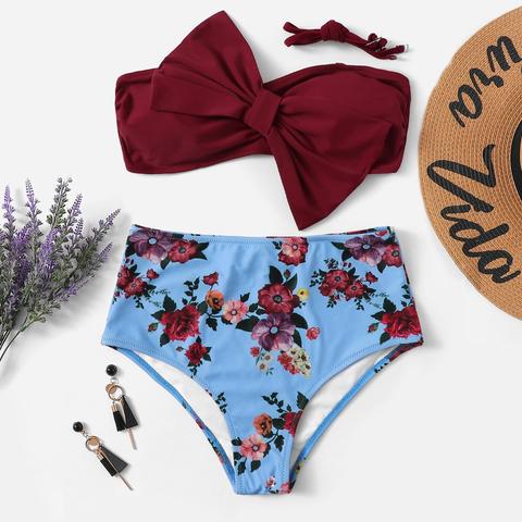 Bikini Bandanna Con Motivo Floreale A Vita Alta Con Fiocco