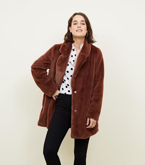 Rust Faux Fur Longline Coat New Look